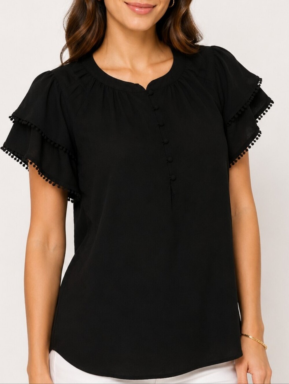 ZAC & RACHEL Black Tiered Short Sleeve Half Button Chiffon Blouse
